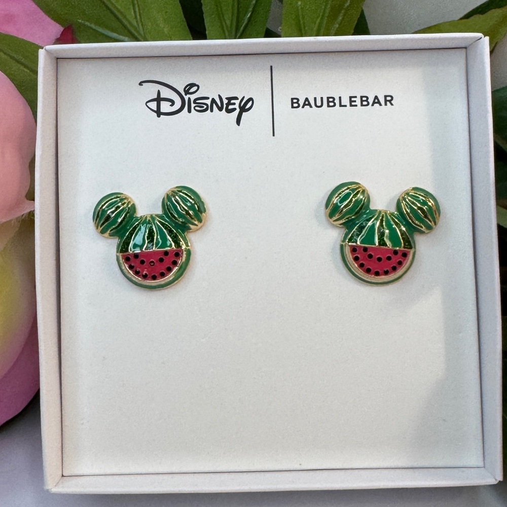 BaubleBar Watermelon Mickey Earrings Gold Tone